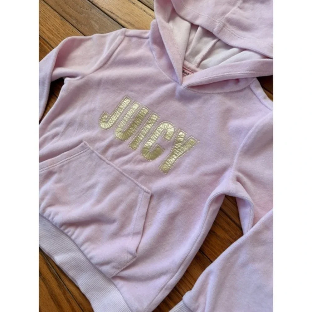 Juicy Couture Kids Pink Velour‎ Hoodie Gold Metallic Logo Pullover Size 5